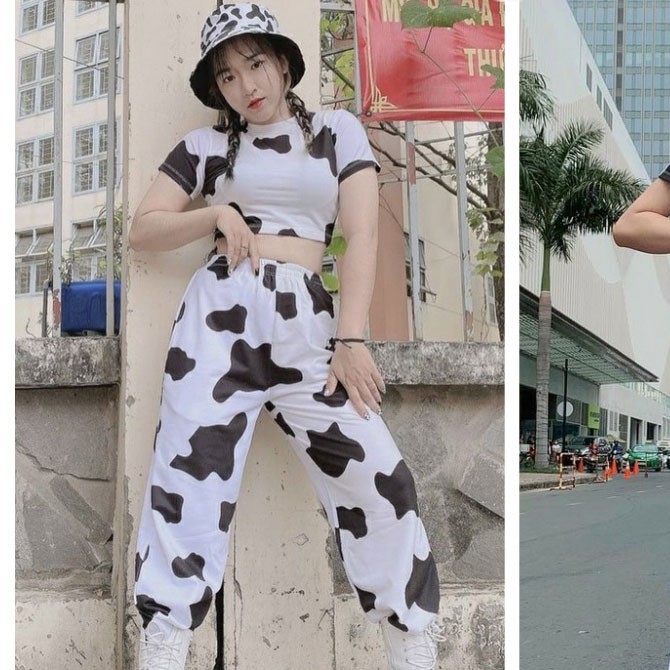 (HÀNG CHẤT LƯỢNG (HÀNG CÓ SẴN) Bộ quần áo bò sữa áo croptop bò sữa và quần jogger CHỐT DEAL NHANH