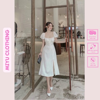 Váy đầm đẹp sang trọng đẹp xẻ đùi lụa nữ Pháp cao cấp sang trọng mềm mịn bóng mượt Miyuclothing
