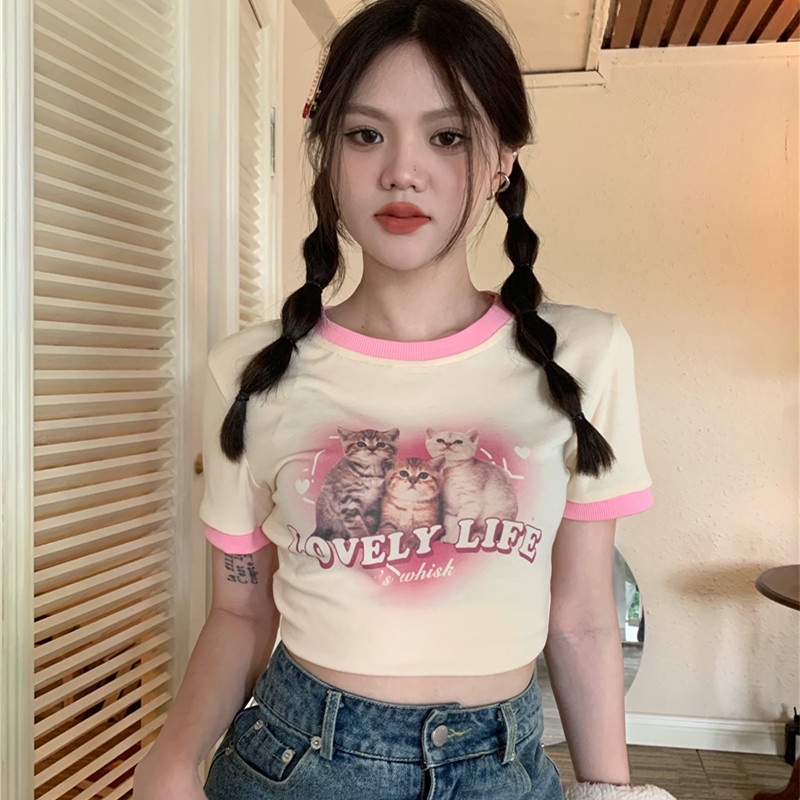 Áo Thun Tay Ngắn Hở Rốn Kiểu Dáng Dễ Thương Xinh Xắn