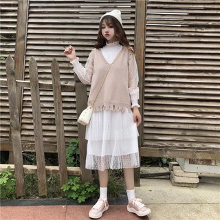 ( ORDER ) Set váy ren + áo gile len