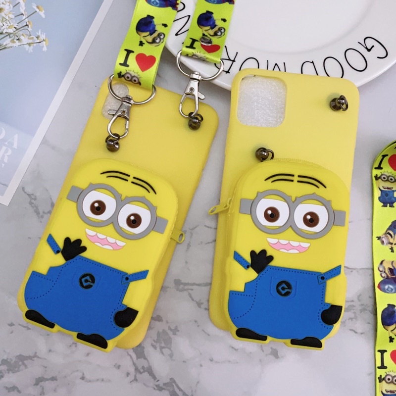 Ốp iPhone XsMax/11/11ProMax Silicon Dẻo Hình Minion Kèm Ví Và Dây Đeo