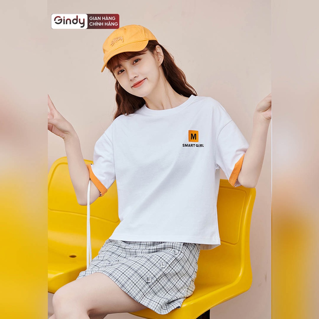 Áo thun nữ tay lỡ GINDY dáng lửng Smart unisex basic cổ tròn vải cotton thoáng mát phong cách Hàn Quốc A6175