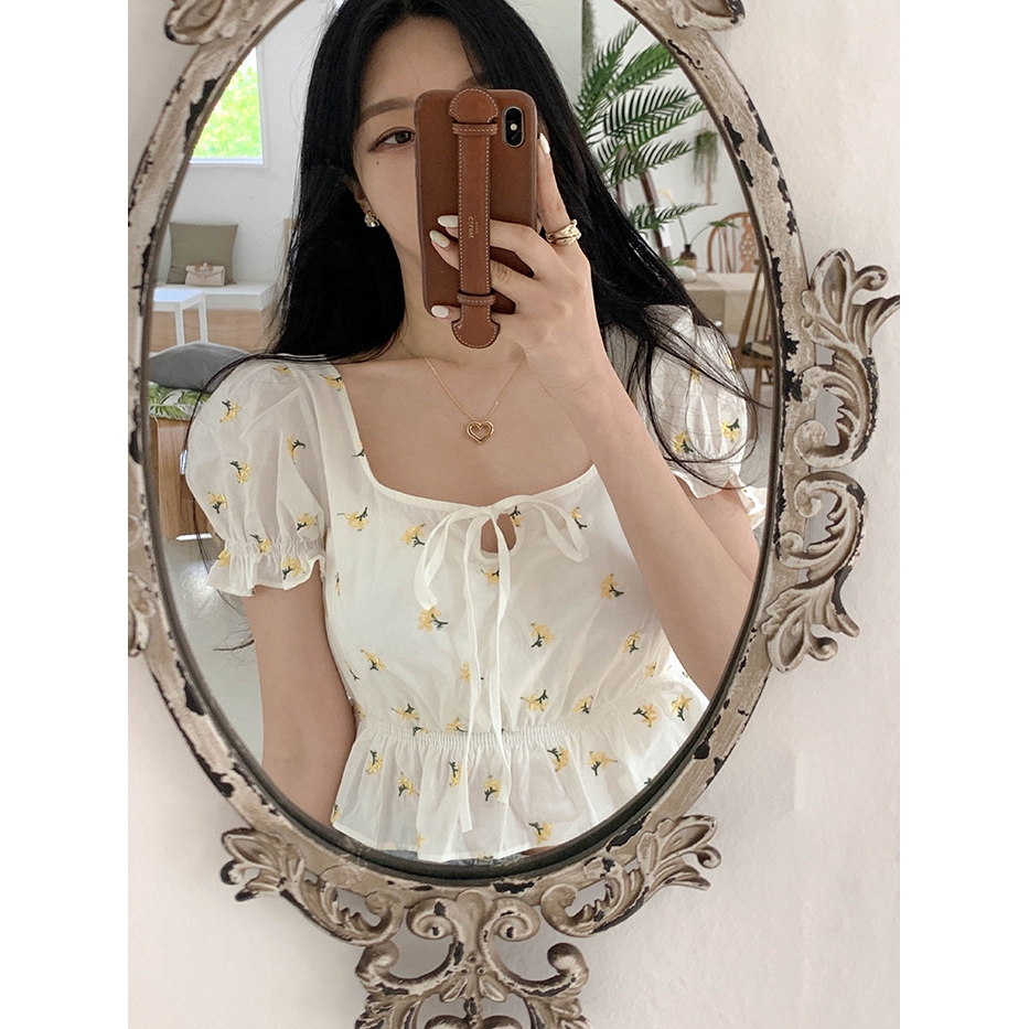 SUXI Áo Sơ Mi Tay Phồng Thêu Hoa Xinh Xắn Cho Nữ