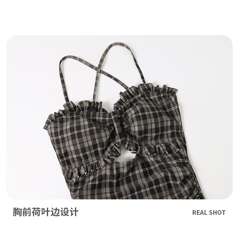 Mẫu mới 2023 Bikini caro Hàn Quốc kiểu nơ ngực bèo nhún phong cách lolita dễ thương kín đáo đồ bơi đi biển