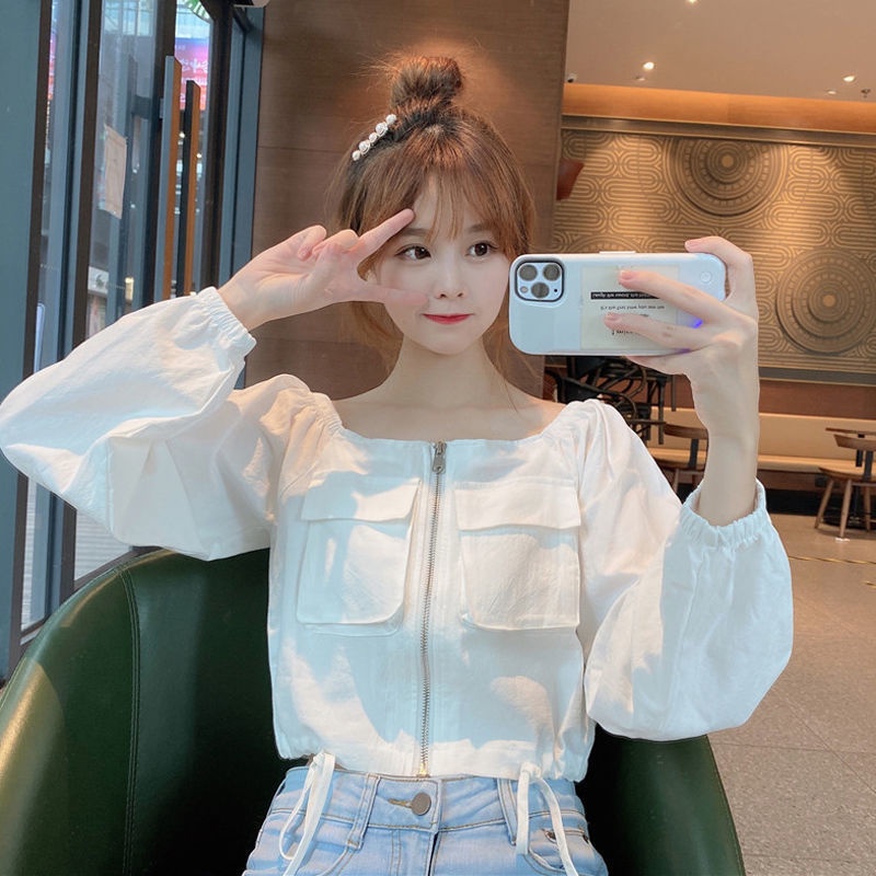 Áo sơ mi nữ màu trắng cổ vuông mùa xuân và mùa thu trơn dài tay giản dị mới dây kéo phong cách đại học