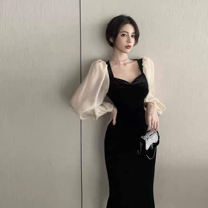 Váy nhung đen phối tay
