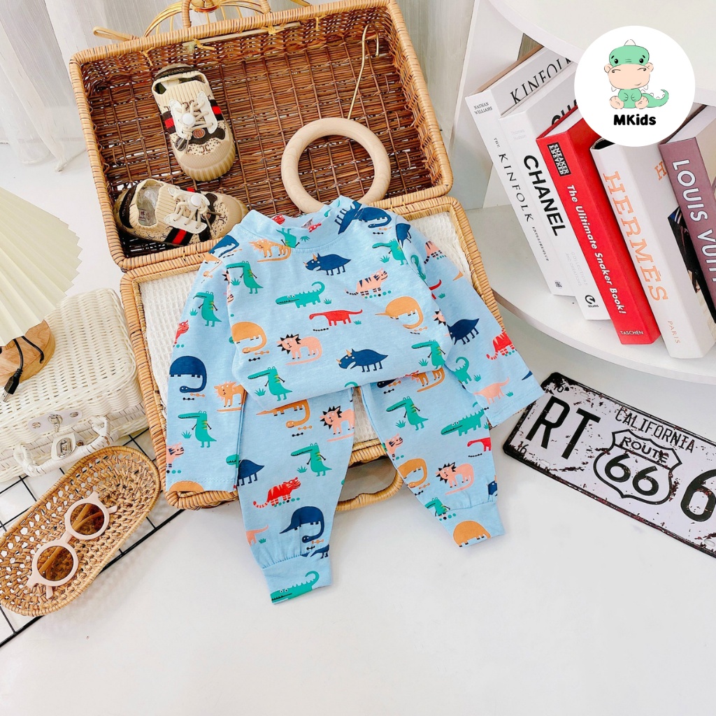 Đồ ngủ cho bé trai, đồ dài tay cho bé trai 1-5 tuổi thun cotton in hình khủng long MKids