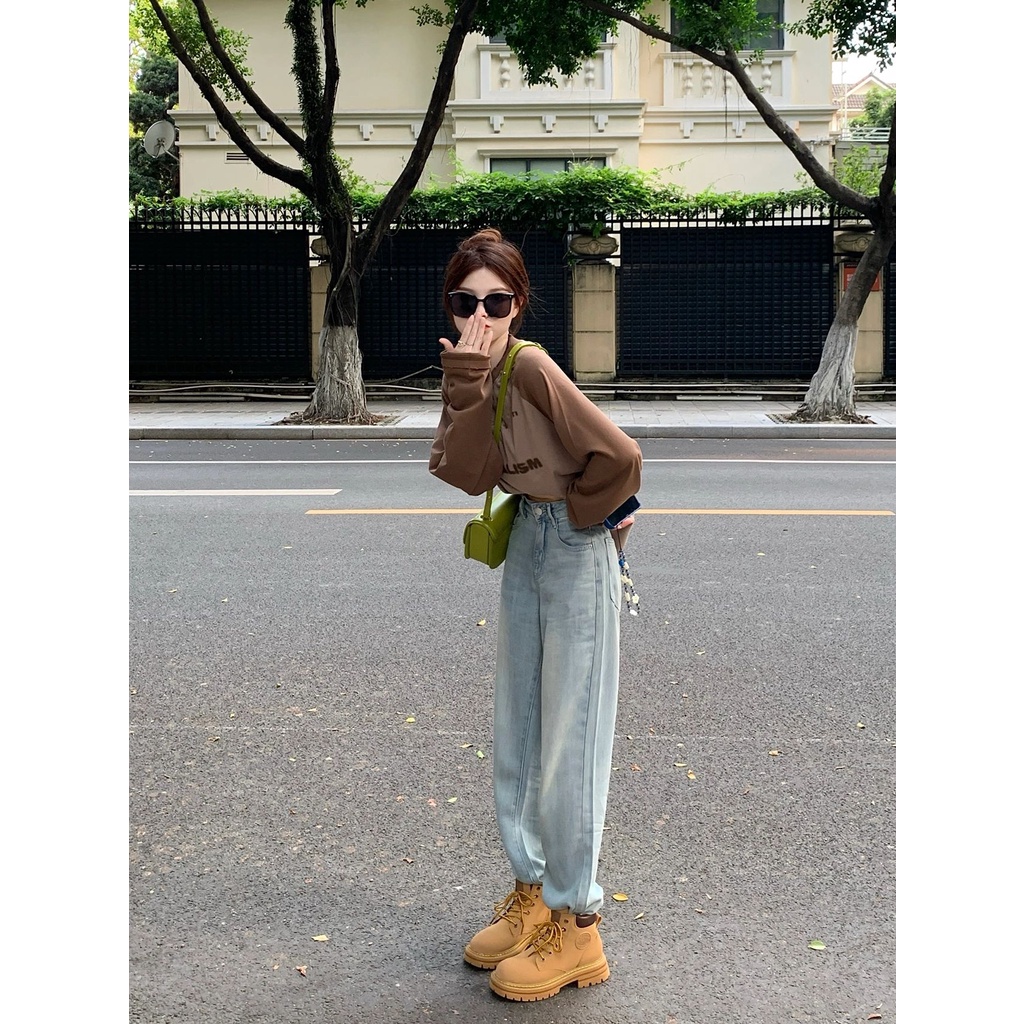 Áo Thun Nữ Tay Dài Dáng Rộng In Chữ Phong Cách retro Mỹ