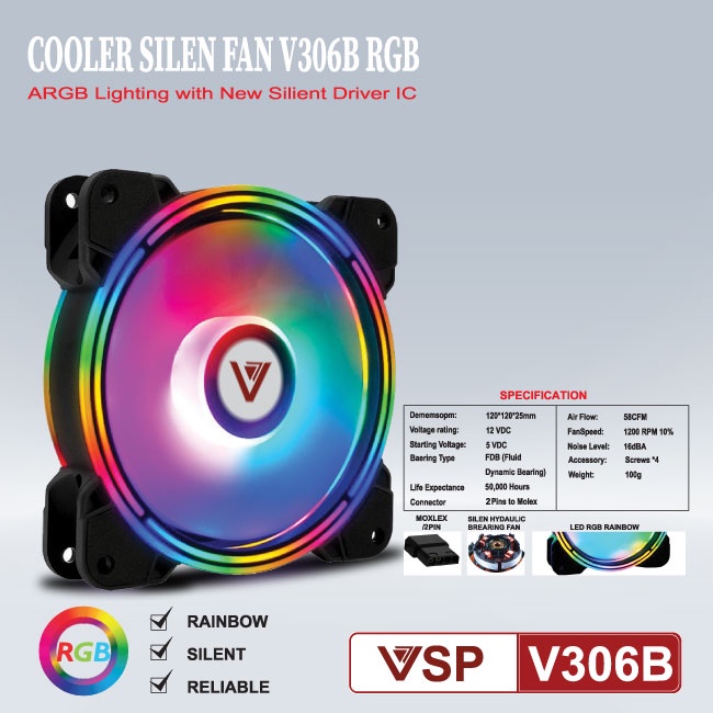 Fan tản nhiệt case VSP LED RGB V306B