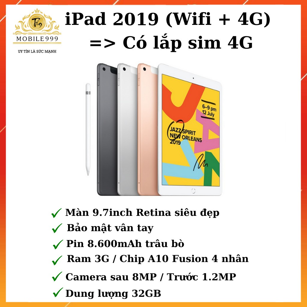 iPad 2019 - Gen 7 10.2 inch (Wifi + 4G) 32GB Chính Hãng - Zin Đẹp 99% - Còn BH Apple - Pin sạc 0 lần 100% | WebRaoVat - webraovat.net.vn