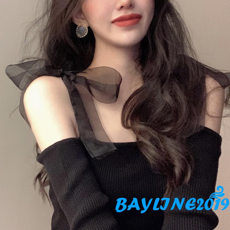 Bay-Women Trendy Crop Tops, Solid Color Ribbed Off-Shoulder Long Sleeve Blouse with Tied Shoulder Strap for Ladies, Black