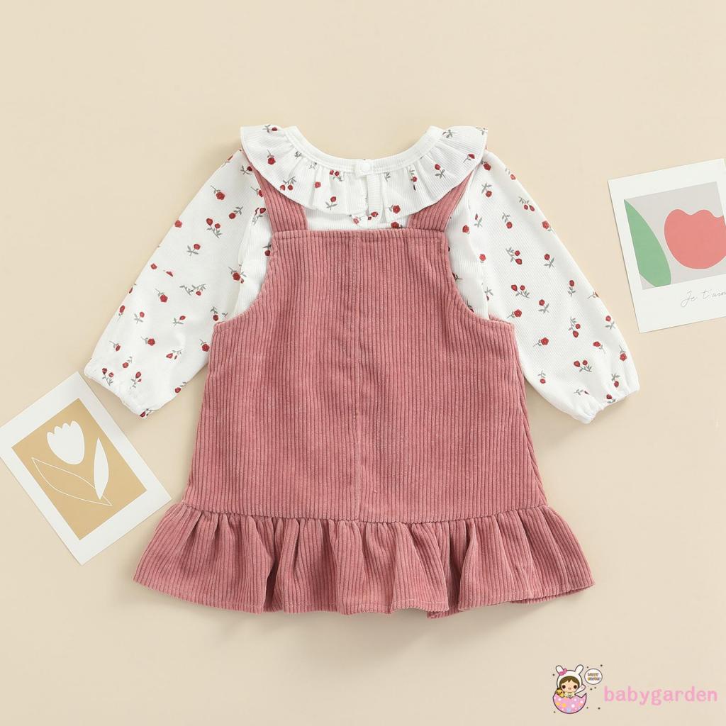 Set 2 món áo liền quần tay dài in hoa phối bèo màu sắc dễ thương thời trang xuân thu cho bé gái