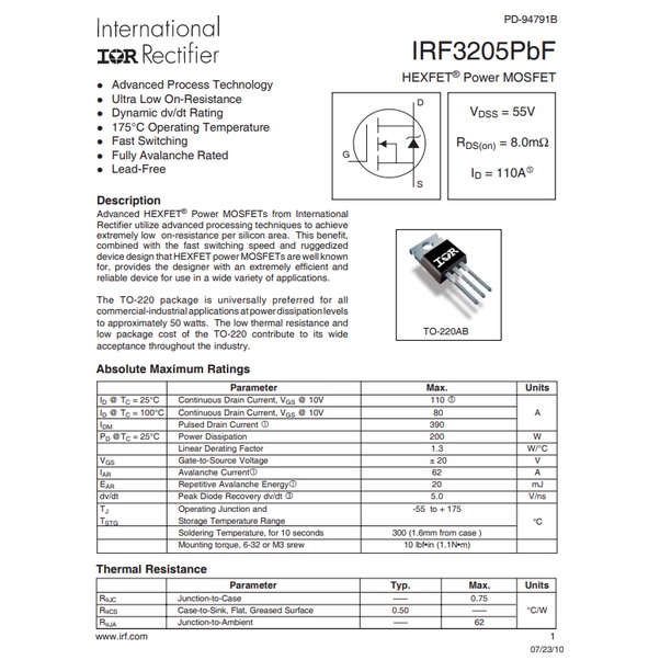 Mosfet công suất kênh N, N-MOSFET IRF3205 IRF3205PBF 55V 110A TO-220AB