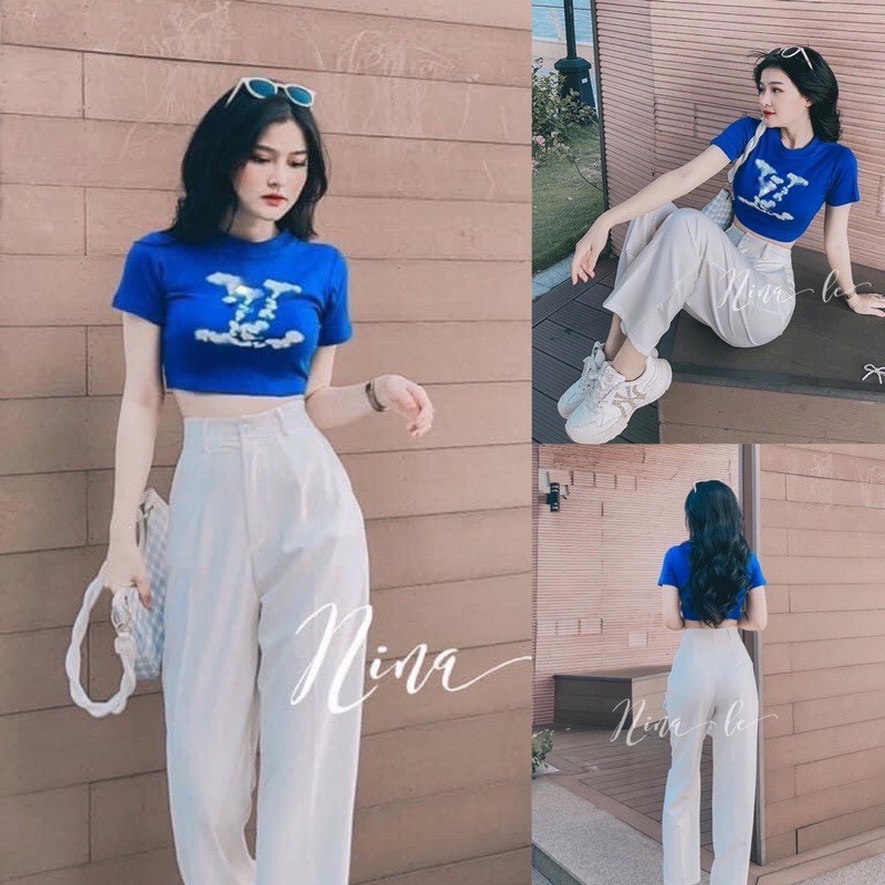 Set áo croptop mix quần xuông trắng 🌸Bộ áo lv + quần ống rộng siêu hack chân cho các nàng