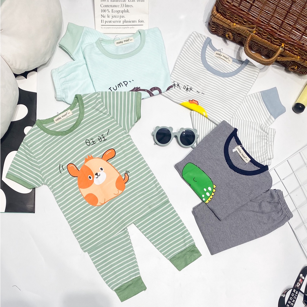 Bộ Cộc Tay Quần Dài COTTON HÀN MINKYMOM In Hình Phối Viền Sọc Cho Bé TN-IN84