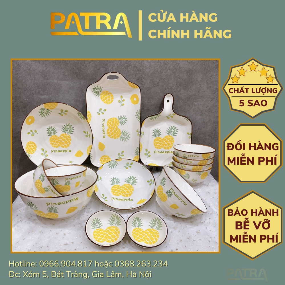 Bộ bát đĩa sứ cao cấp, bộ chén dĩa decor đẹp họa tiết dứa viền nâu siêu xinh