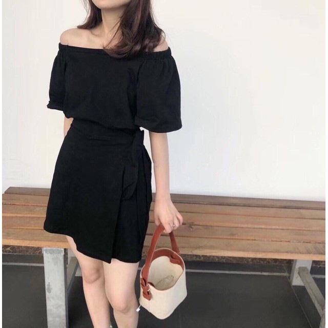 (có lót trong) SET CHÂN VÁY CỘT NƠ BÊN HÔNG VÀ ÁO TRỄ VAI ĐỘC LẠ - SET ÁO CỔ VUÔNG TRỄ VAI + CHÂN VÁY NƠ VẠT LỆCH ĐEN TR