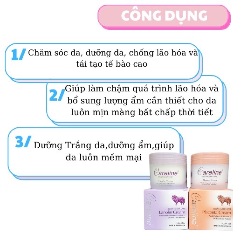 Kem dưỡng ẩm mỡ cừu (tím), nhau thai cừu (cam) Careline Lanolin/Placenta Cream, Úc (100ml) cho mọi lứa tuổi