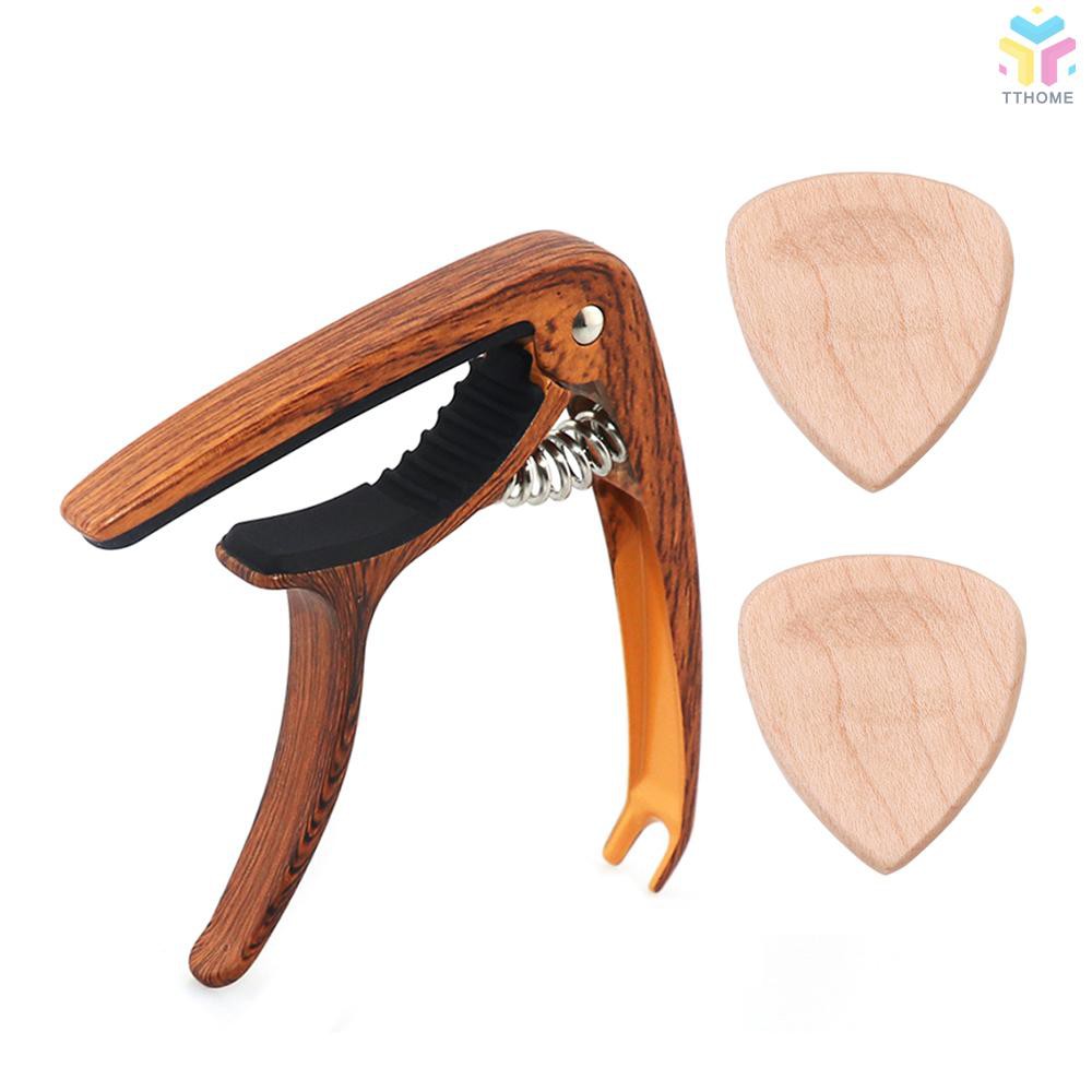 Capo đàn guitar có lò xo kim loại kèm 2 móng gảy đàn bằng gỗ