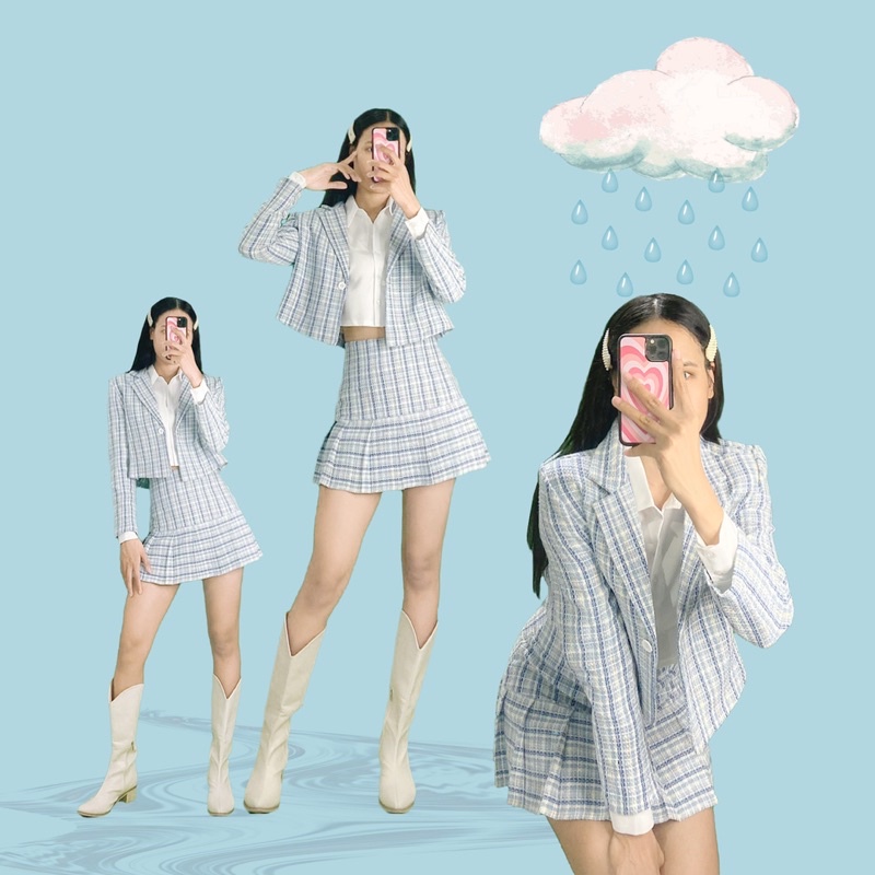 DALLA Set áo vest blazer nữ croptop tay dài sọc CARO XANH Dalla Saigon