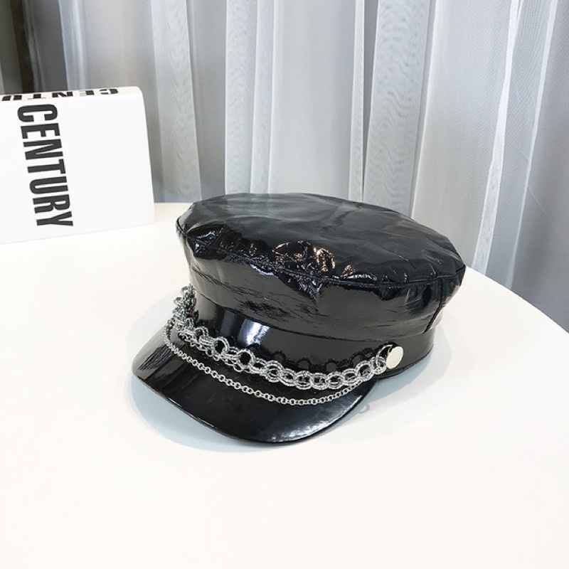 Mũ Thuỷ Thủ Da Bóng Phối Xích Chain Mũ Nồi Beret Baker Boy