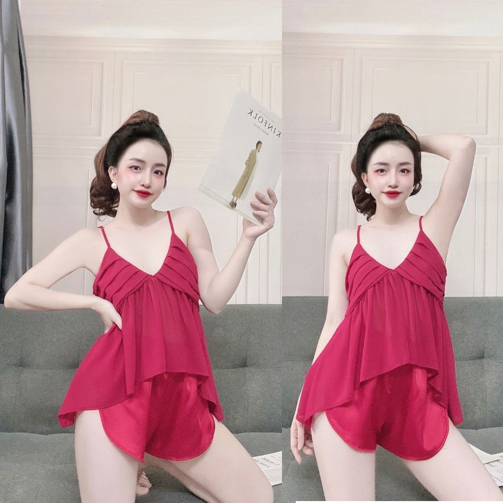 Đồ ngủ nữ❣️FREE SHIP❣️Đồ ngủ BIGSIZE lụa Chiffon phối Satin cao cấp mềm mại xinh xắn < 70kg | BigBuy360 - bigbuy360.vn