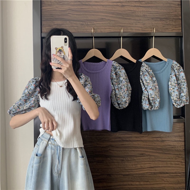 Áo IELGY tay ngắn in hoa màu xanh dương phong cách Pháp thời trang cho nữ