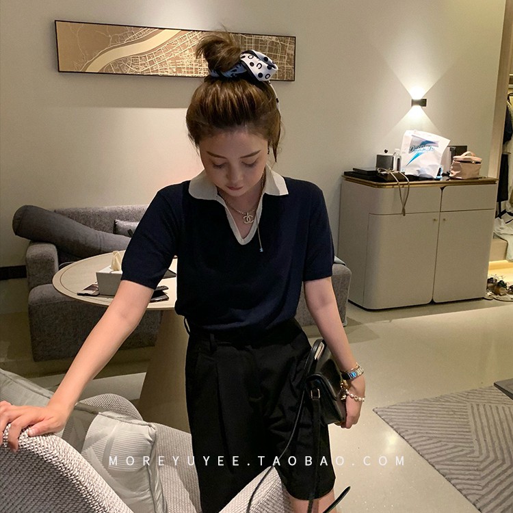 Xiaozhainv áo polo Dệt Kim Tay Ngắn Phong Cách Retro Hàn Quốc Thời Trang Cho Nữ 2 Màu Lựa Chọn