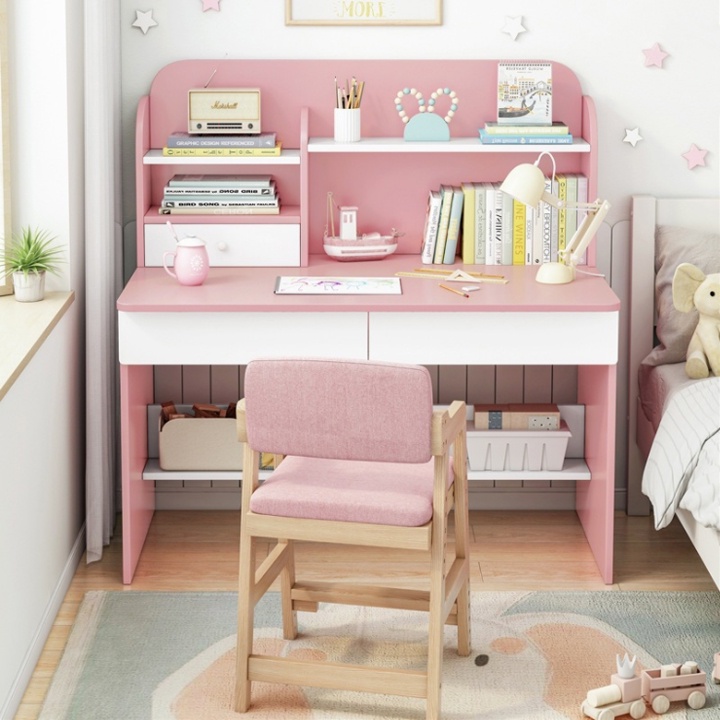 Bàn học gỗ kèm kệ sách size 120*55*122cm , Bàn học sinh tiểu học có 3 màu ,hồng,xanh,vân gỗ cao cấp