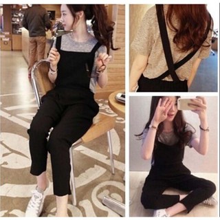 Quần yếm nữ dài trơn dây chéo lưng phong cách Hàn Quốc