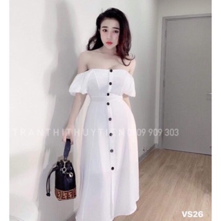 Đầm maxi trễ vai đính nút siêu yêu
