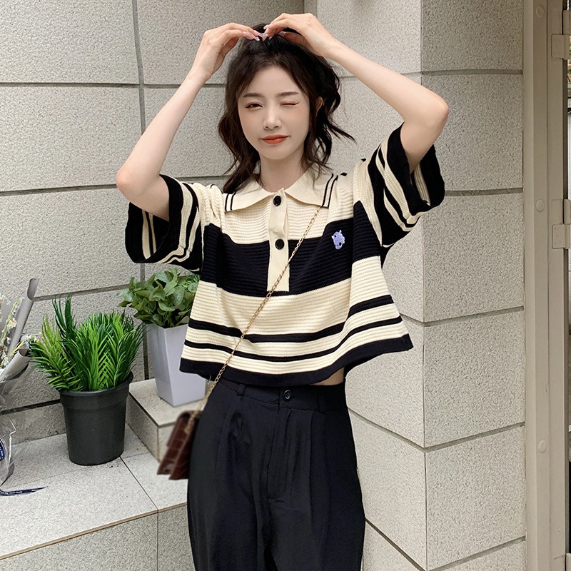 Áo Thun Dệt Kim Ngắn Tay Dáng Rộng Họa Tiết Kẻ Sọc Phong Cách Retro Hàn Quốc