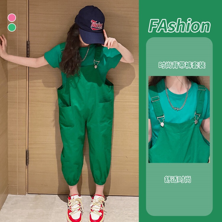 Set Áo Thun Ngắn Tay + Quần Yếm Thiết Kế Mới Thời Trang Dành Cho Bé Gái