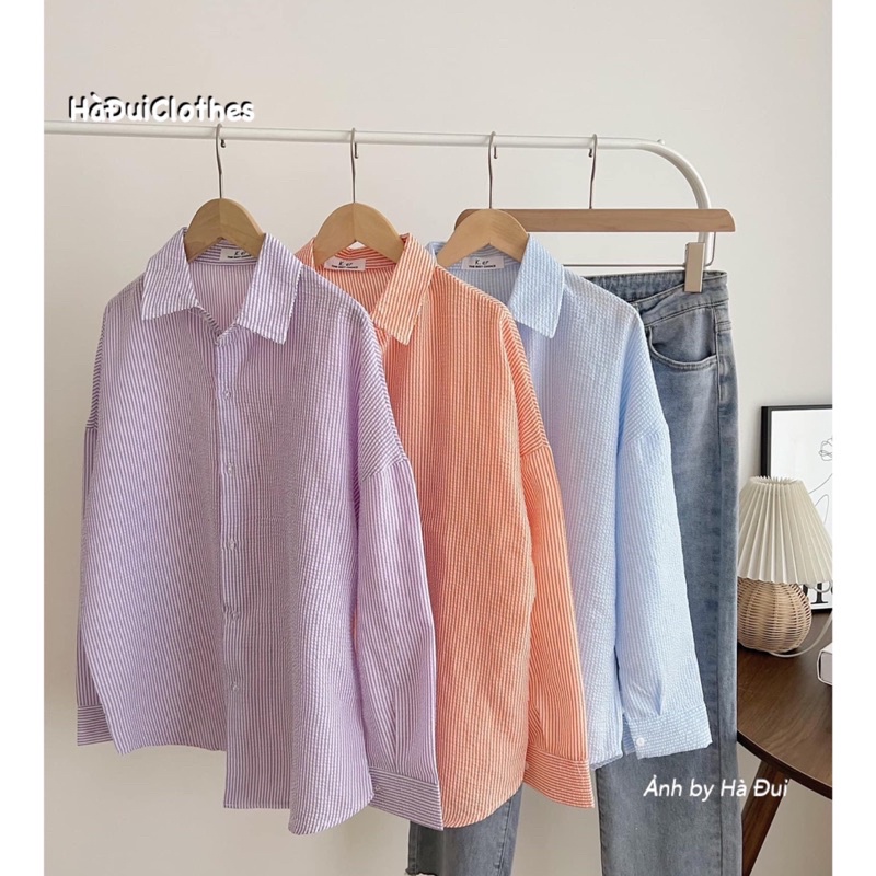 Áo Sơ Mi Xốp Dài Tay Sọc Kẻ Trắng Màu Pastel Mặc Đi Học Đi Làm