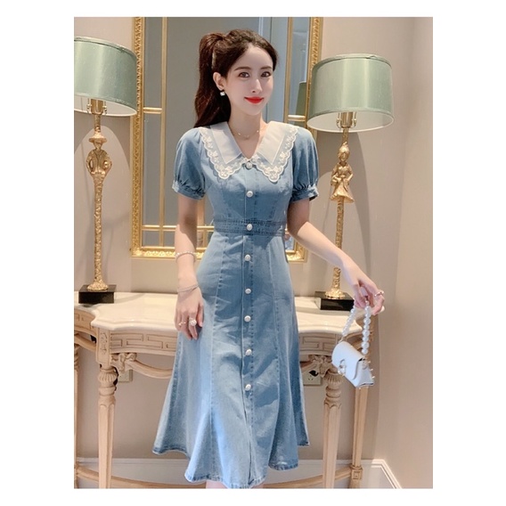 Đầm Jean nữ cao cấp, thiết kế xoè vạt đuôi cá cực xinh, cổ bèo tiểu thư sang chảnh NV0766