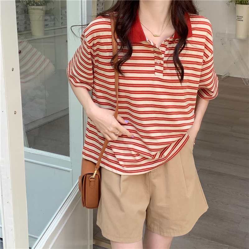 Áo thun SUXI ngắn tay dáng rộng họa tiết kẻ sọc màu tương phản phong cách Hàn Quốc thời trang mùa hè cho nữ