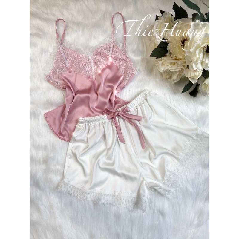 Set ngủ 2 dây lụa phối ren tầng babydoll siêu xinh