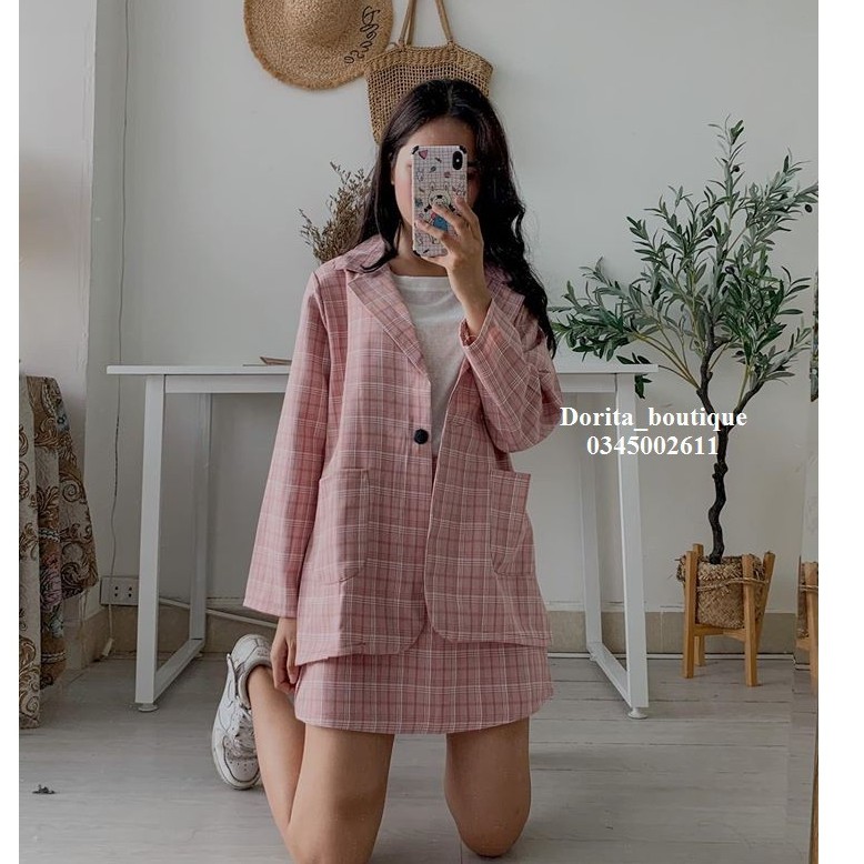 [Ảnh thật/Video] Set vest/ áo Blazer kèm chân váy kẻ - Set blazer nữ, Giá Sỉ