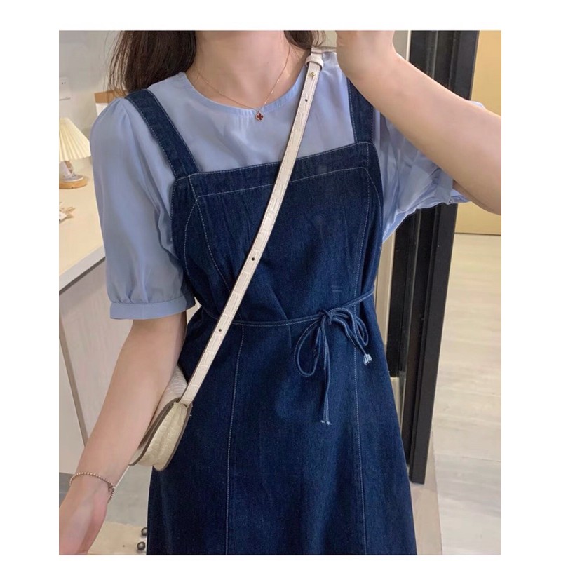 Sét yếm denim+Áo tay bồng vintage