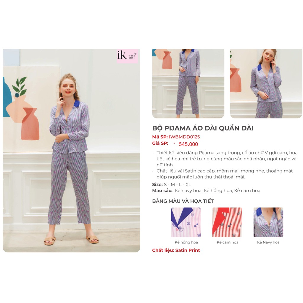 Bộ mặc nhà IK Pijama áo dài tay quần dài lụa 0125 Giá 545.000đ