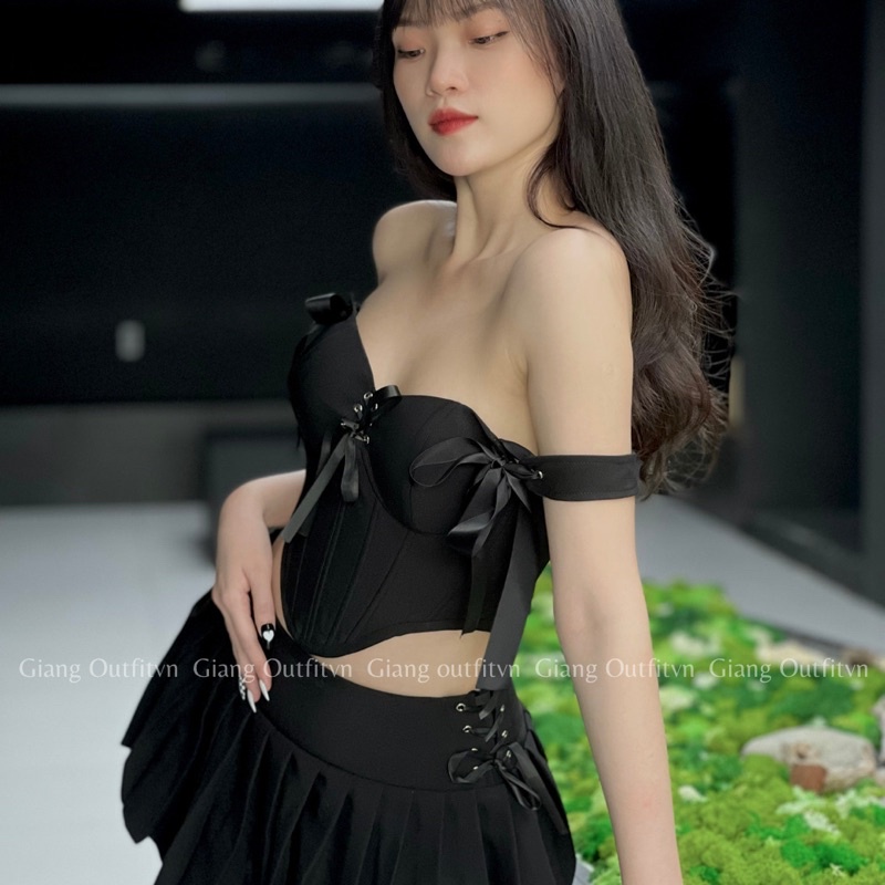 Set áo Croptop Corset và chân váy ngắn xếp li xoè | FICOSET
