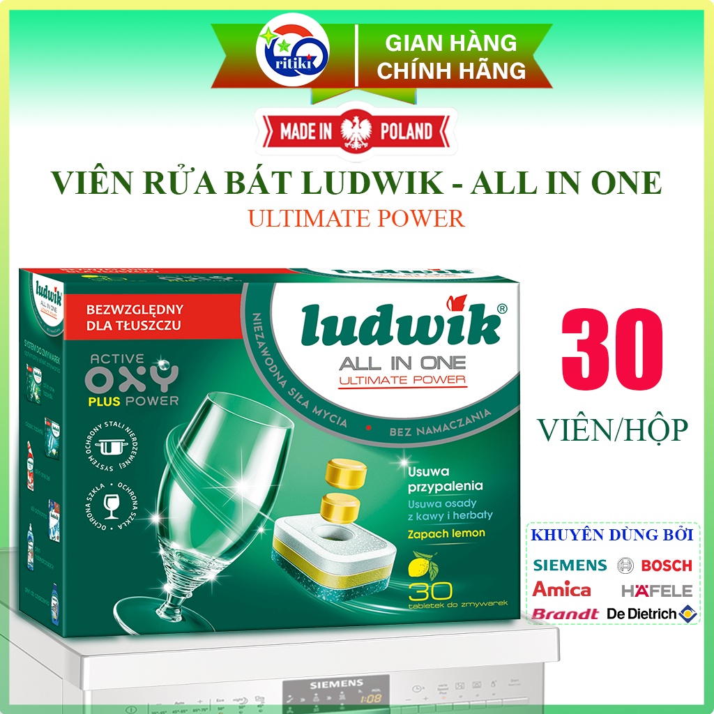 Combo Viên Rửa Chén Bát Ludwik All in one Hộp 30 viên Sức mạnh của Active Oxy Plus và Enzym sinh học khử sạch mùi tanh