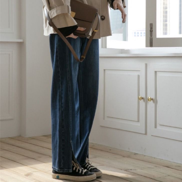 Quần jean ống suông rộng lưng cao xẻ tà phong cách Retro Hàn Quốc mới