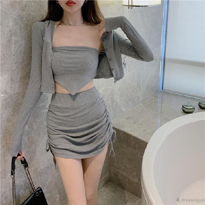 Set áo khoác dài tay có mũ + chân váy dây rút thời trang nữ