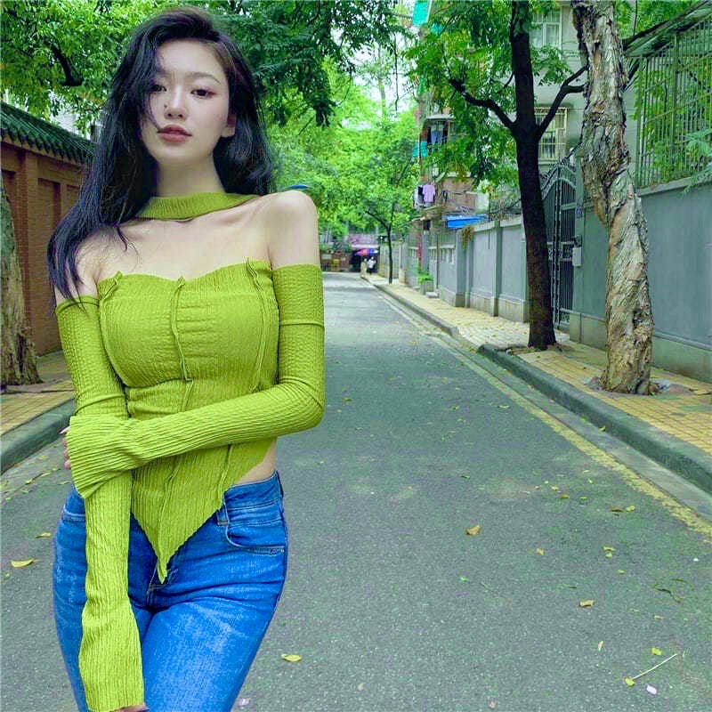 Áo Dài Tay Dáng Ôm Xẻ Tà Phong Cách Hồng Kông/ Áo Thun Borip Vạt Tam Giác Chồng Cổ