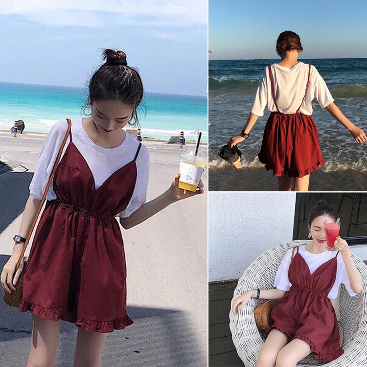 🌺SIÊU XINH🌺 Set quần sooc yếm đỏ + áo thun trắng (Sỉ từ 5sp bất kỳ)