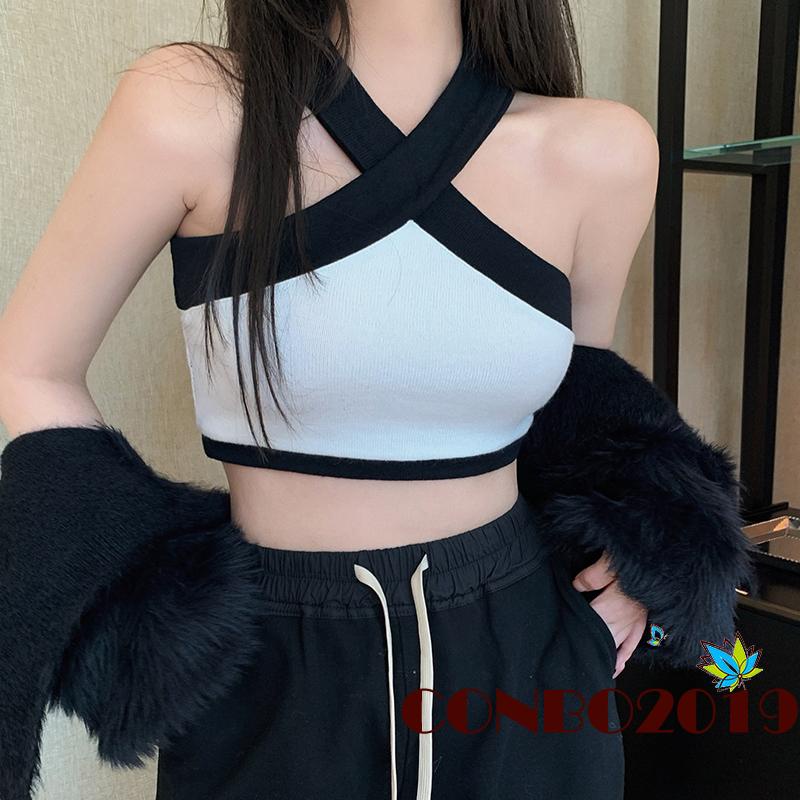 HGM-Ladies Midriff-baring Tank Top, Black White Color Matching Cross Hanging Neck Off Shoulder Sleeveless Slim Tops