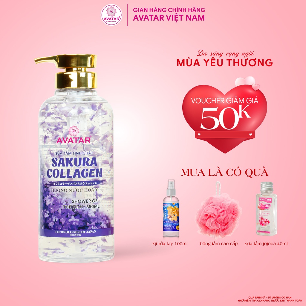 Sữa Tắm Sakura Avatar Tinh Chất Collagen Hương Nước Hoa Ý Phục Hồi Da , Chống Lão Hóa, Trắng Da 850ml (Hoa Tím)