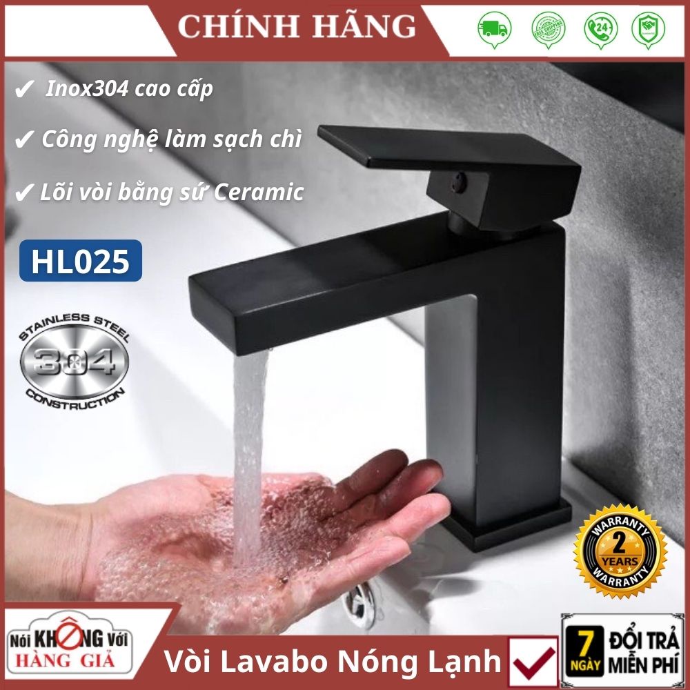 Vòi chậu rửa mặt nóng lạnh Lavabo HL025 - gật gù Inox 304 sơn tĩnh điện đen tăng áp cao cấp có lõi sứ , bh 24 tháng