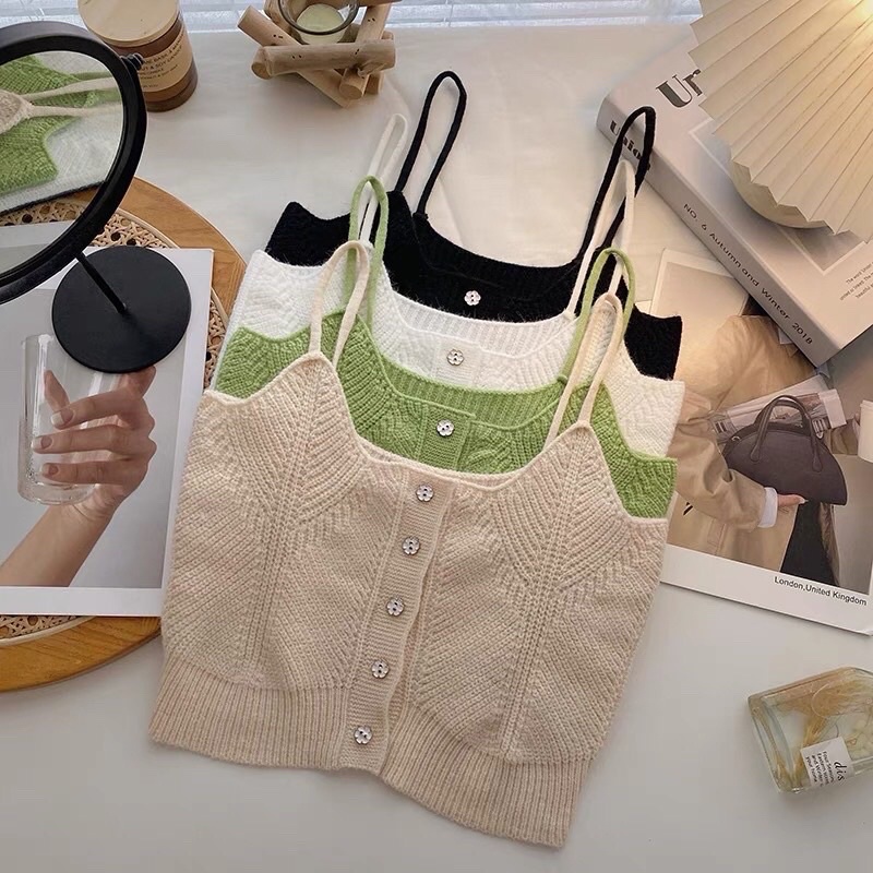 Áo 2 dây 2s nữ len dệt kim khuy cài xinh xắn